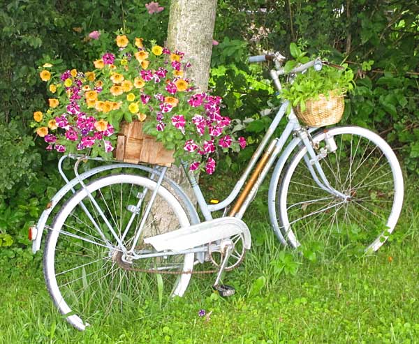 Fahrrad als Blumenständer, zu entsorgen war zu aufwändig
