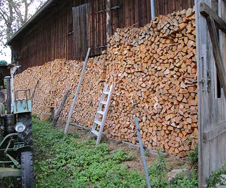 Viel Holz vor der Hütte - Holzstapel so hoch, dass nur mit der Leiter gestapelt werden kann - Lengatz 2018