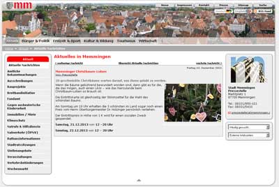 Webseite der Stadt Memmingen, wo erklärt wird, Christbaumloben für soziale Zwecke