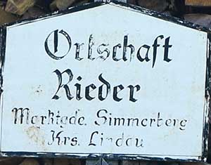 historisches Ortsschild Ortschaft Rieder Marktgemeinde Simmerberg Kreis Lindau