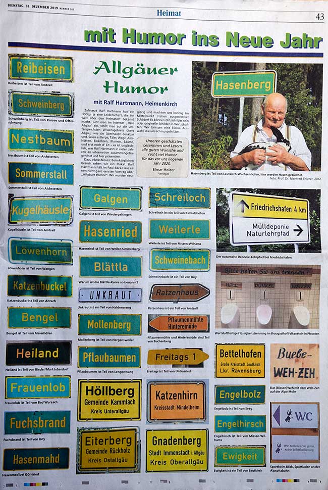 Zum Jahreswechsel 2019 / 2020 bringt die Westallgäuer Zeitung humorvolle Grüße aus www.allgaeu-humor.de - Danke
